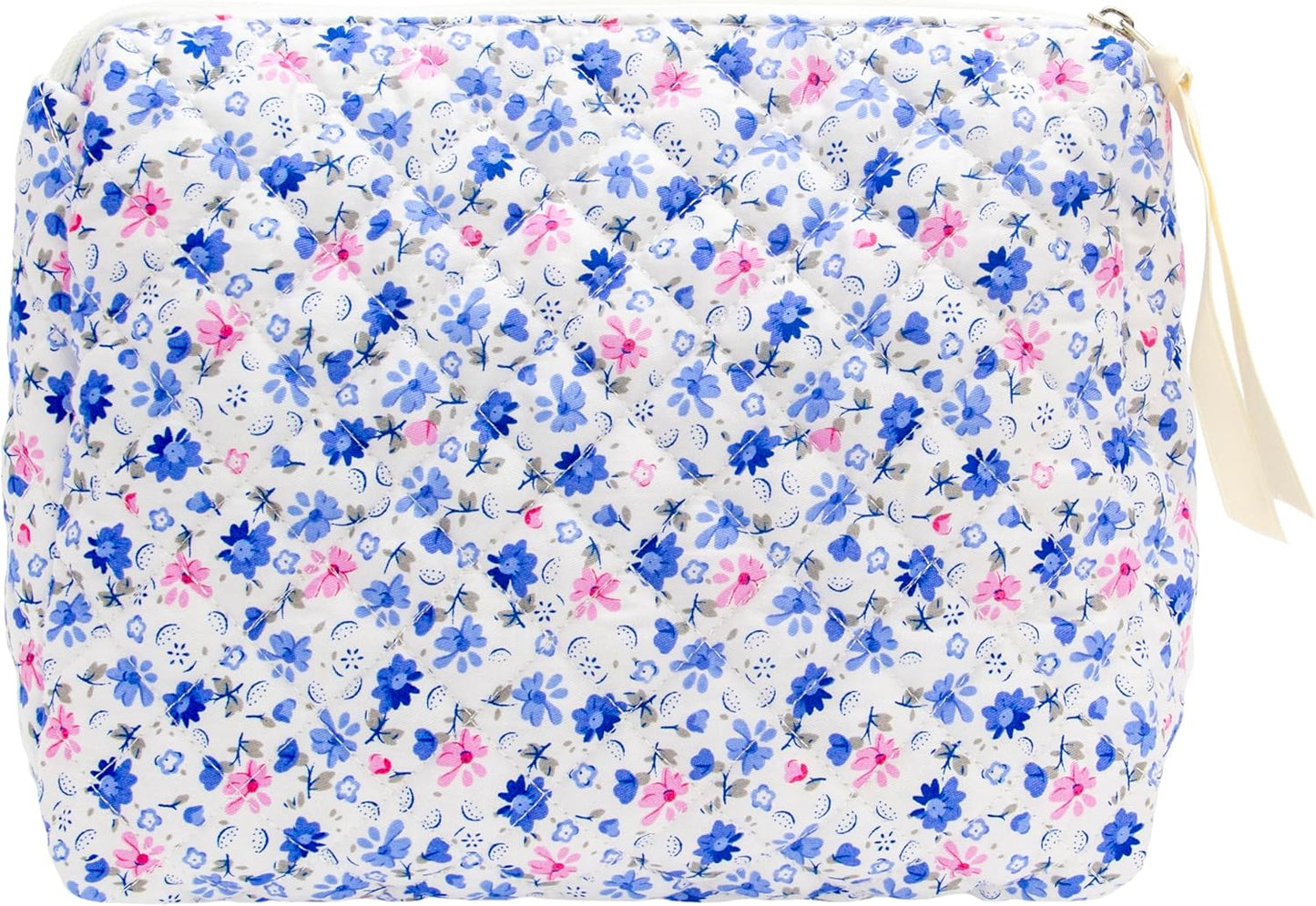 PAZIMIIK Quilted Makeup Bag Large Travel Zipper Soft Cosmetic Pouch for Women Girls Make Up,Floral Blue