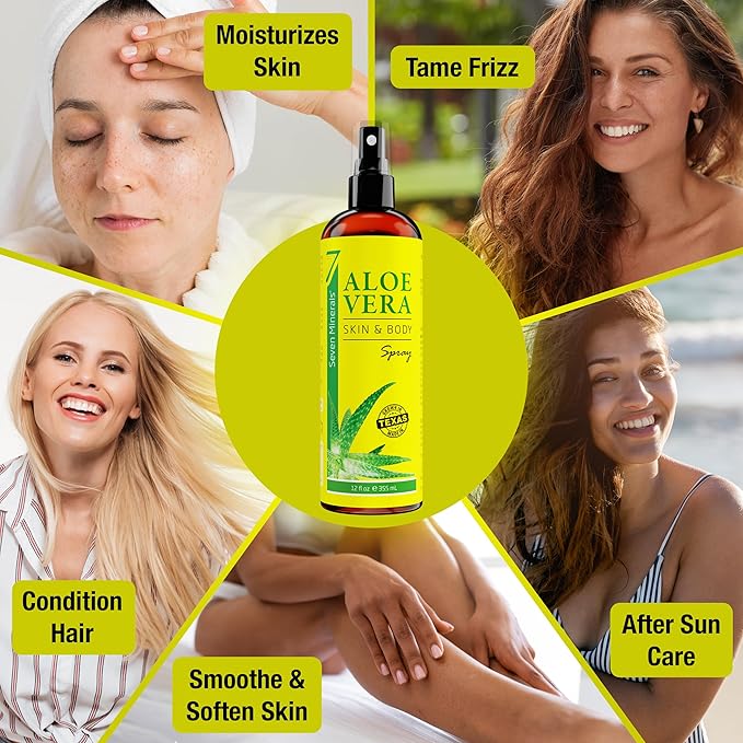 Seven Minerals, Organic Aloe Vera Spray for Body & Hair - From Freshly Cut Aloe Plant, Extra Strong, Easy to Apply, No Thickeners So It Absorbs Rapidly, No Sticky Residue - Made in USA (Big 12 fl oz)