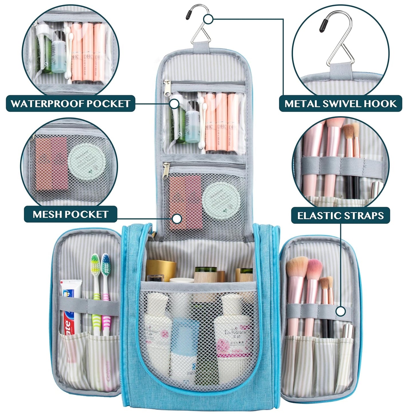 PAVILIA Toiletry Bag Travel Bag for Women Men, Hanging Cosmetic Organizer, Water Resistant Makeup Bag for Accessories Toiletries, Large Travel Essentials Kit (Turquoise)